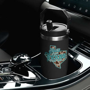 Retro Western She is From Texas I Can Tell Flip Straw Tumbler Trendy Turquoise Glitter Coquette and Cow Print Effect Graphic