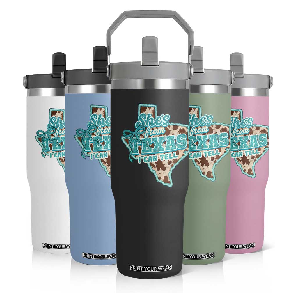 Retro Western She is From Texas I Can Tell Flip Straw Tumbler Trendy Turquoise Glitter Coquette and Cow Print Effect Graphic