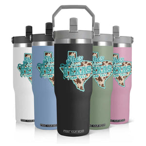 Retro Western She is From Texas I Can Tell Flip Straw Tumbler Trendy Turquoise Glitter Coquette and Cow Print Effect Graphic