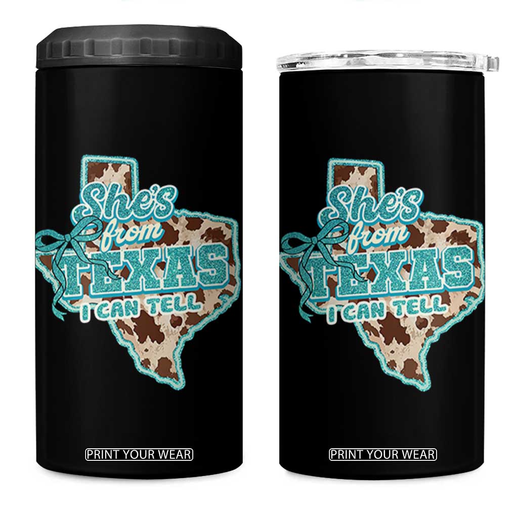 Retro Western She is From Texas I Can Tell 4 in 1 Can Cooler Tumbler Trendy Turquoise Glitter Coquette and Cow Print Effect Graphic TS02 One Size: 16 oz Black Print Your Wear
