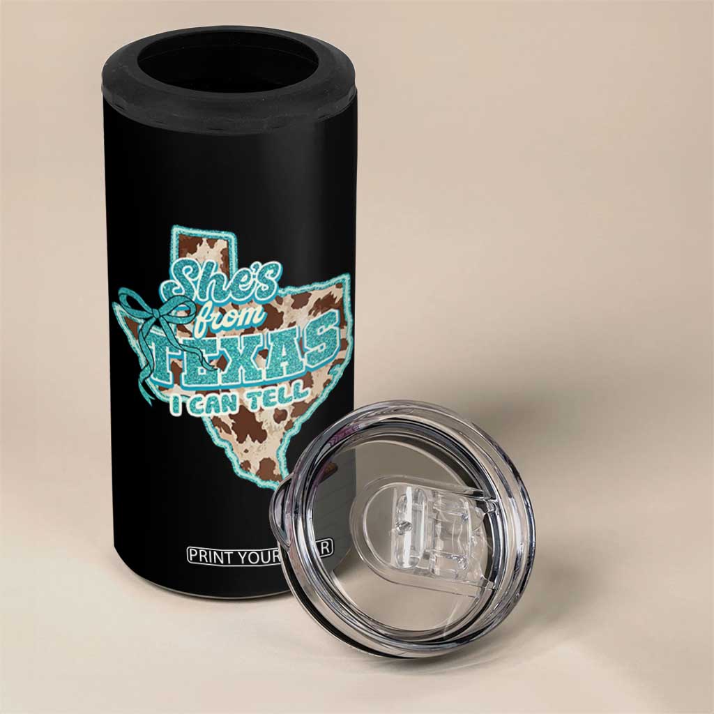 Retro Western She is From Texas I Can Tell 4 in 1 Can Cooler Tumbler Trendy Turquoise Glitter Coquette and Cow Print Effect Graphic TS02 Print Your Wear