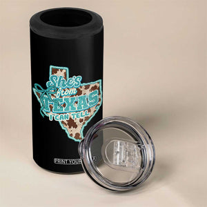 Retro Western She is From Texas I Can Tell 4 in 1 Can Cooler Tumbler Trendy Turquoise Glitter Coquette and Cow Print Effect Graphic TS02 Print Your Wear