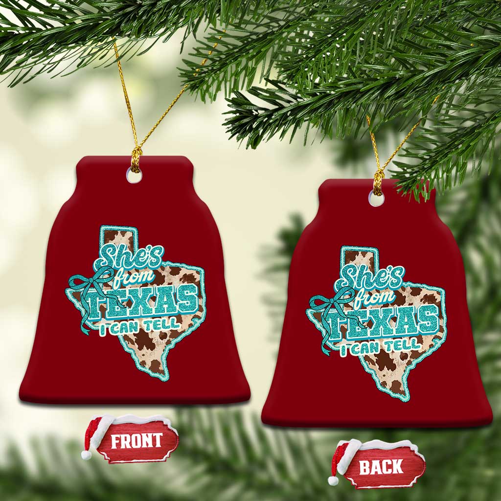 Retro Western She is From Texas I Can Tell Ceramic Ornament Trendy Turquoise Glitter Coquette and Cow Print Effect Graphic