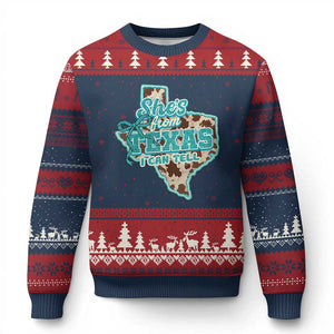 Retro Western She is From Texas I Can Tell Ugly Christmas Sweater Trendy Turquoise Glitter Coquette and Cow Print Effect Graphic