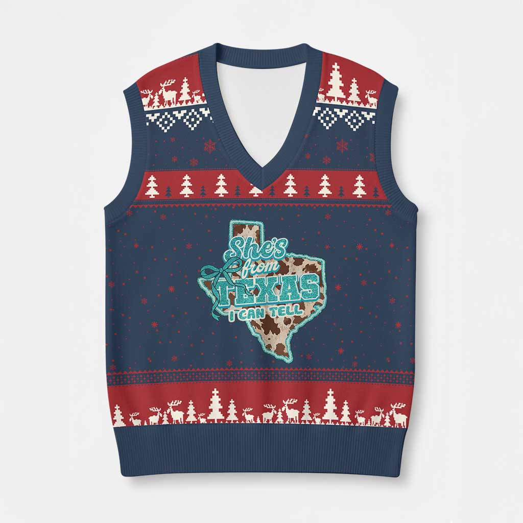 Retro Western She is From Texas I Can Tell V-Neck Knit Sweater Vest Trendy Turquoise Glitter Coquette and Cow Print Effect Graphic