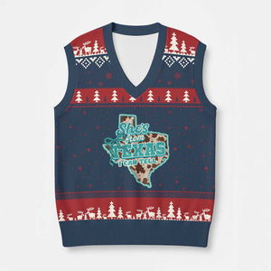 Retro Western She is From Texas I Can Tell V-Neck Knit Sweater Vest Trendy Turquoise Glitter Coquette and Cow Print Effect Graphic
