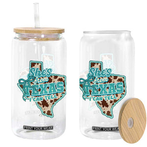 Retro Western She is From Texas I Can Tell Glass Can Trendy Turquoise Glitter Coquette and Cow Print Effect Graphic