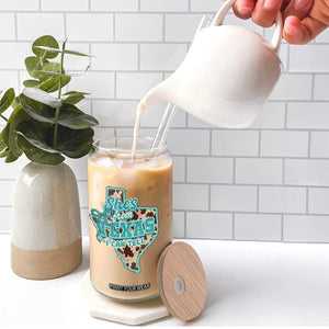 Retro Western She is From Texas I Can Tell Glass Can Trendy Turquoise Glitter Coquette and Cow Print Effect Graphic