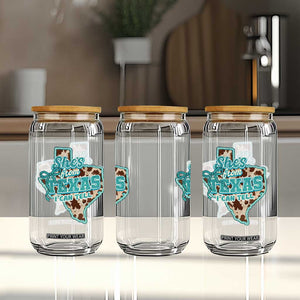 Retro Western She is From Texas I Can Tell Glass Can Trendy Turquoise Glitter Coquette and Cow Print Effect Graphic
