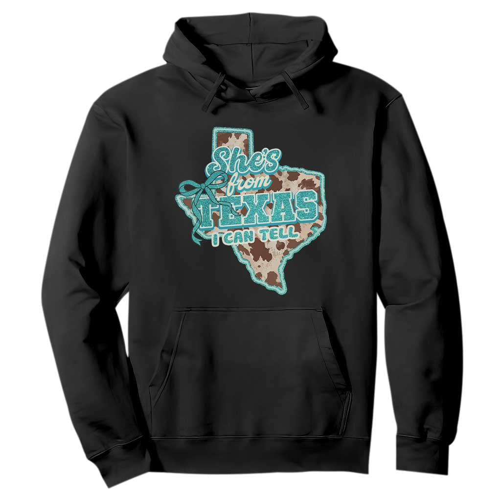 Retro Western She is From Texas I Can Tell Hoodie Trendy Turquoise Glitter Coquette and Cow Print Effect Graphic