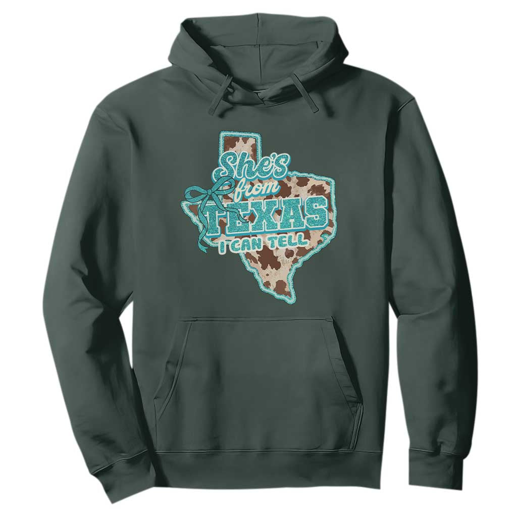 Retro Western She is From Texas I Can Tell Hoodie Trendy Turquoise Glitter Coquette and Cow Print Effect Graphic
