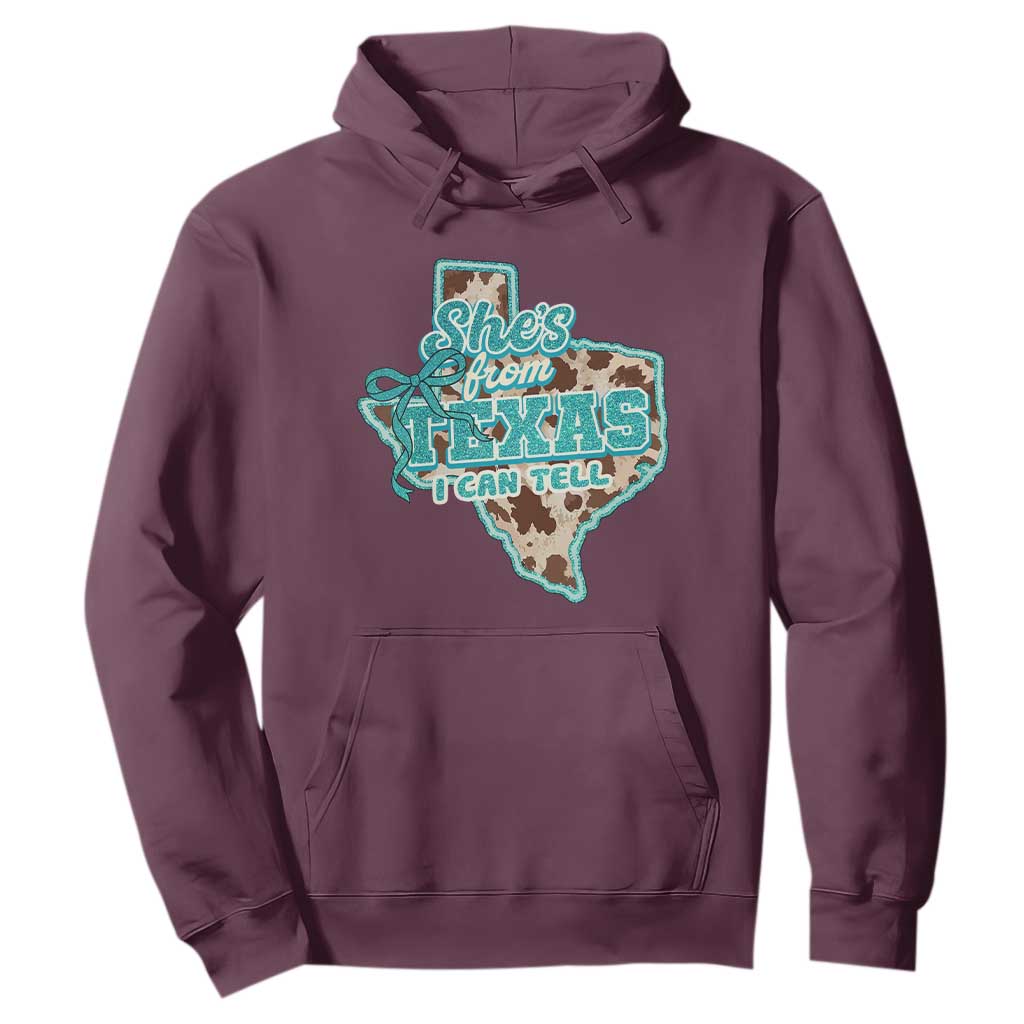 Retro Western She is From Texas I Can Tell Hoodie Trendy Turquoise Glitter Coquette and Cow Print Effect Graphic