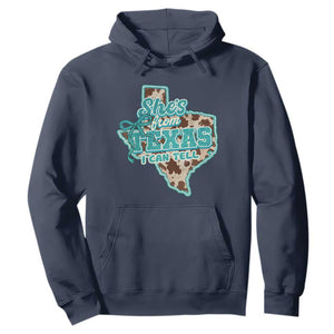 Retro Western She is From Texas I Can Tell Hoodie Trendy Turquoise Glitter Coquette and Cow Print Effect Graphic