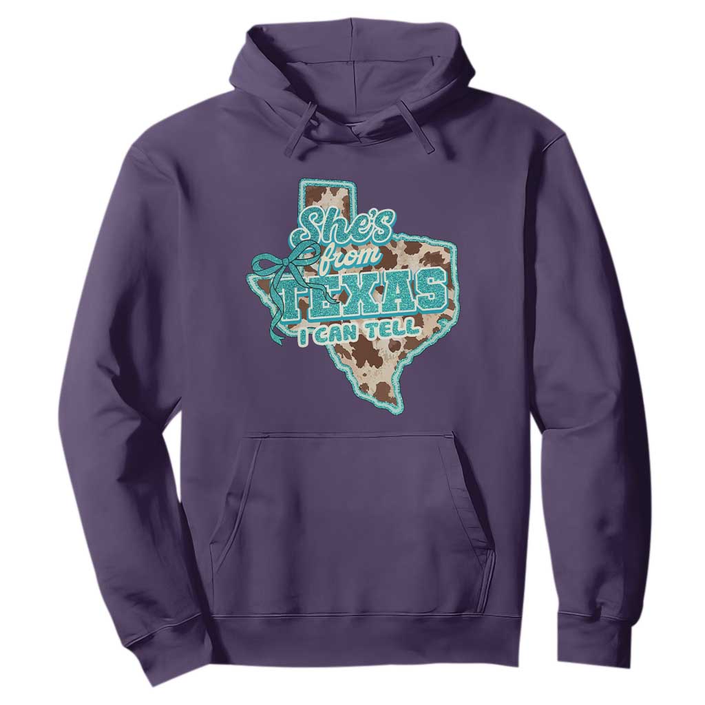 Retro Western She is From Texas I Can Tell Hoodie Trendy Turquoise Glitter Coquette and Cow Print Effect Graphic