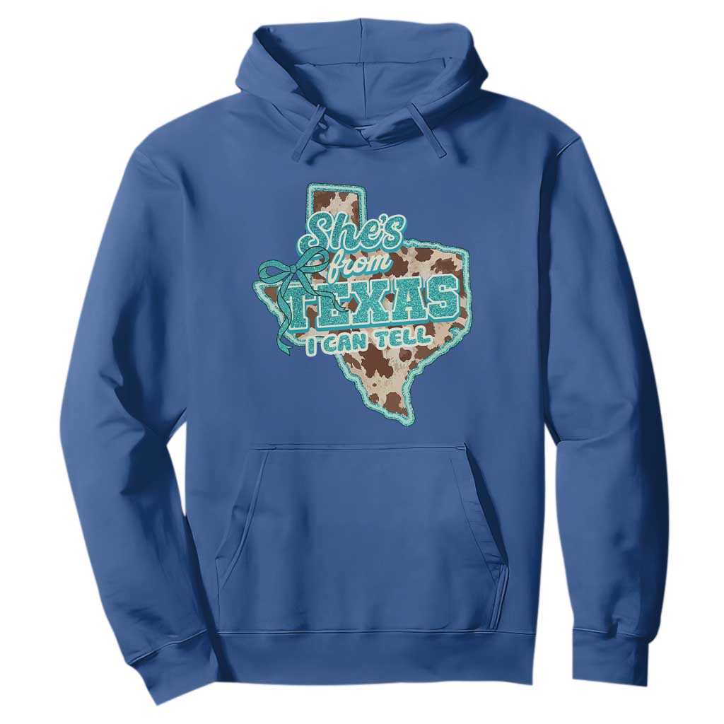 Retro Western She is From Texas I Can Tell Hoodie Trendy Turquoise Glitter Coquette and Cow Print Effect Graphic