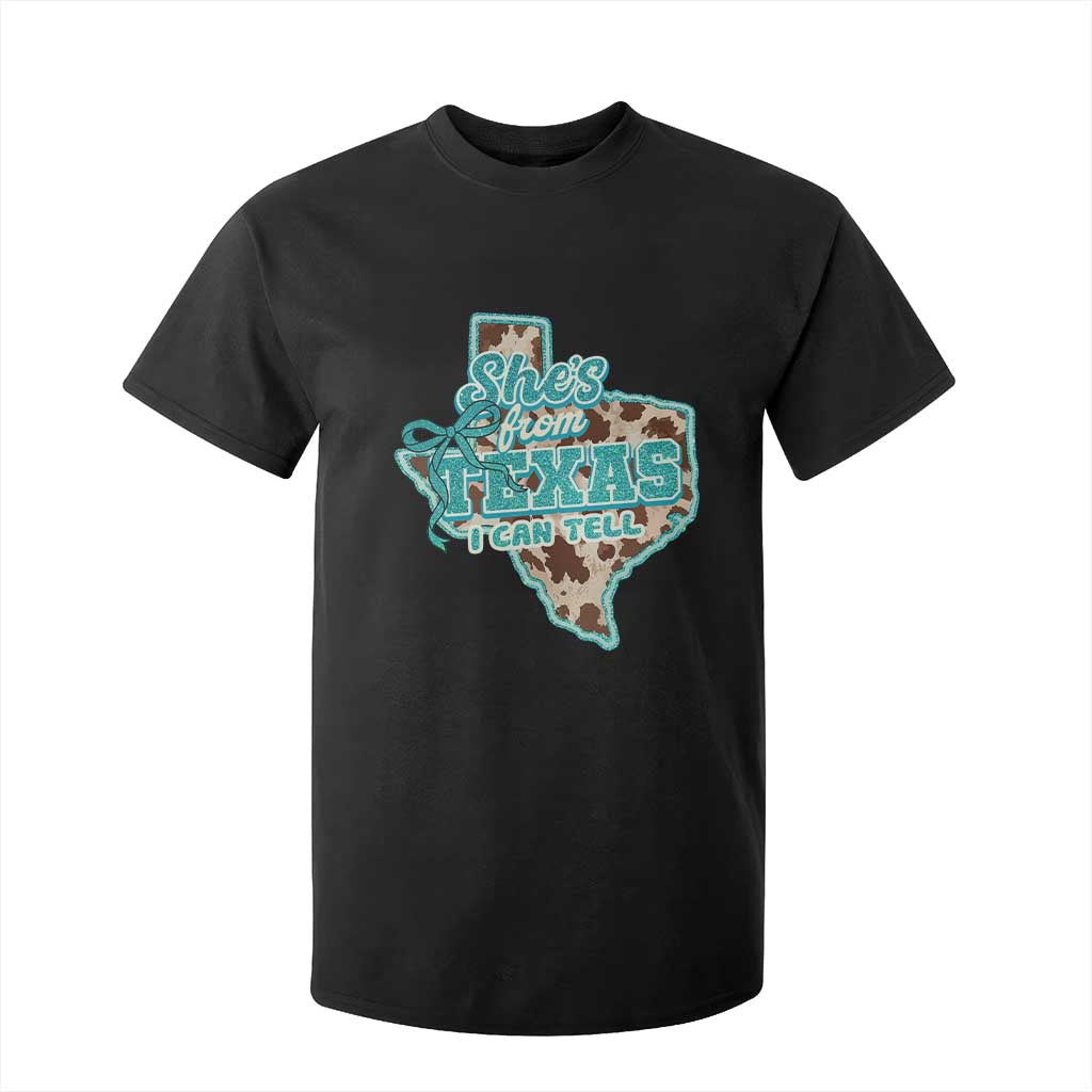 Retro Western She is From Texas I Can Tell T Shirt For Kid Trendy Turquoise Glitter Coquette and Cow Print Effect Graphic TS02 Black Print Your Wear