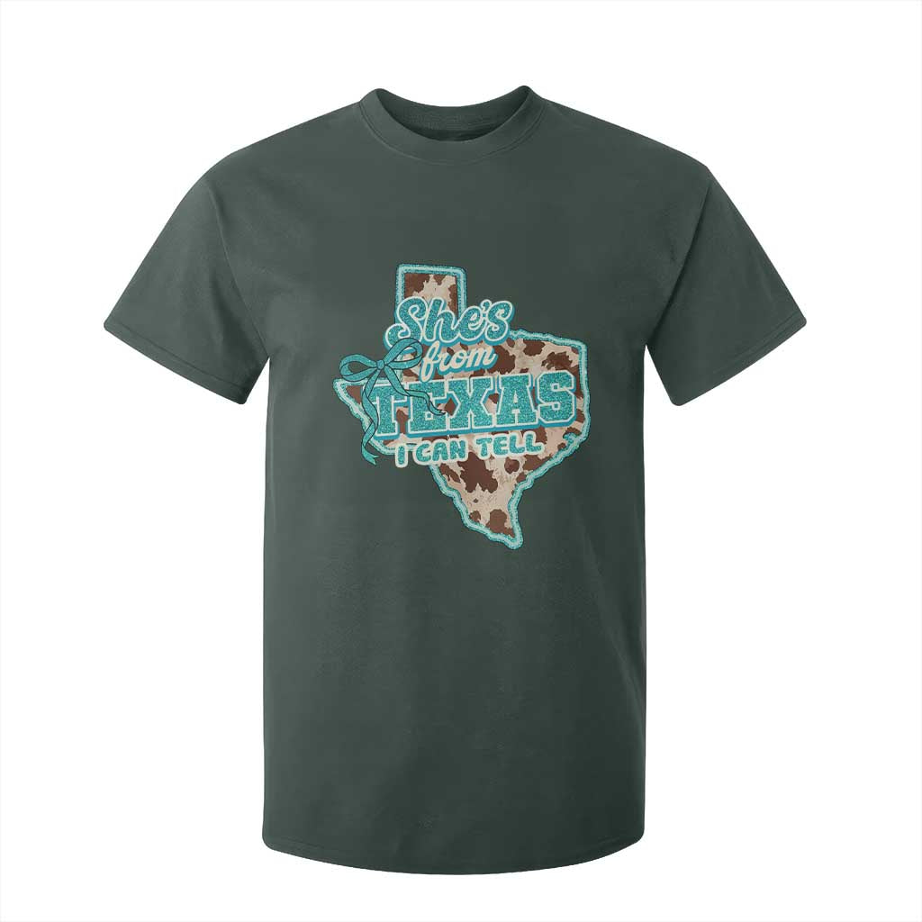 Retro Western She is From Texas I Can Tell T Shirt For Kid Trendy Turquoise Glitter Coquette and Cow Print Effect Graphic