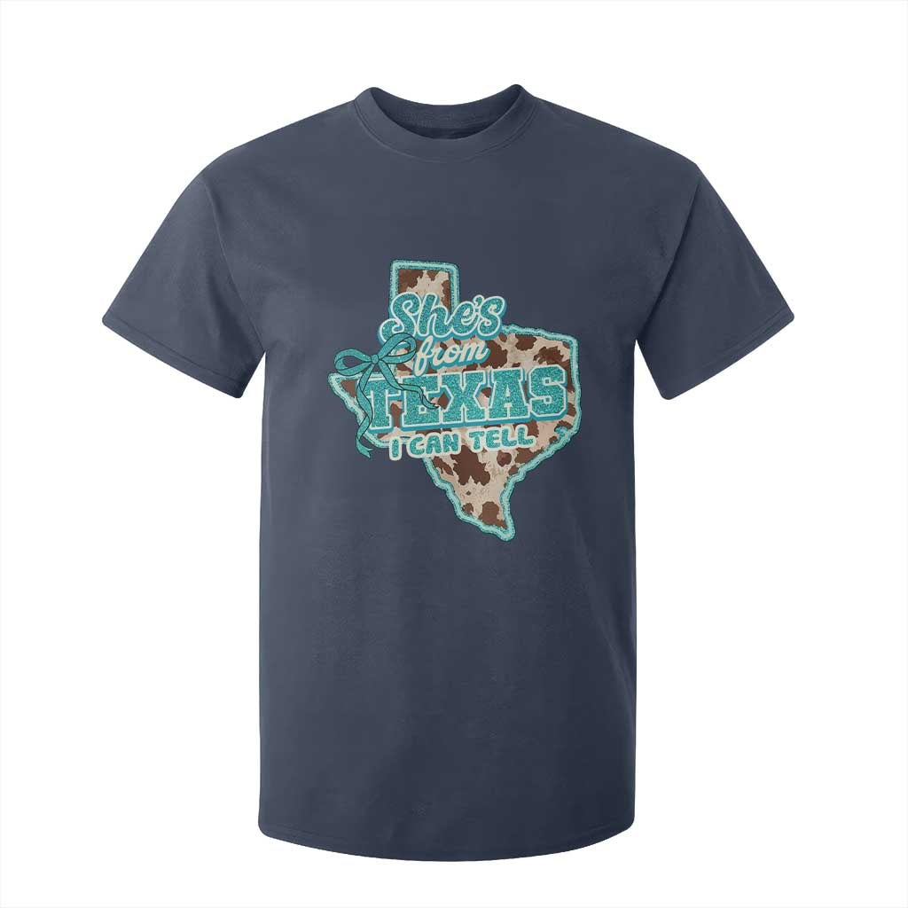 Retro Western She is From Texas I Can Tell T Shirt For Kid Trendy Turquoise Glitter Coquette and Cow Print Effect Graphic