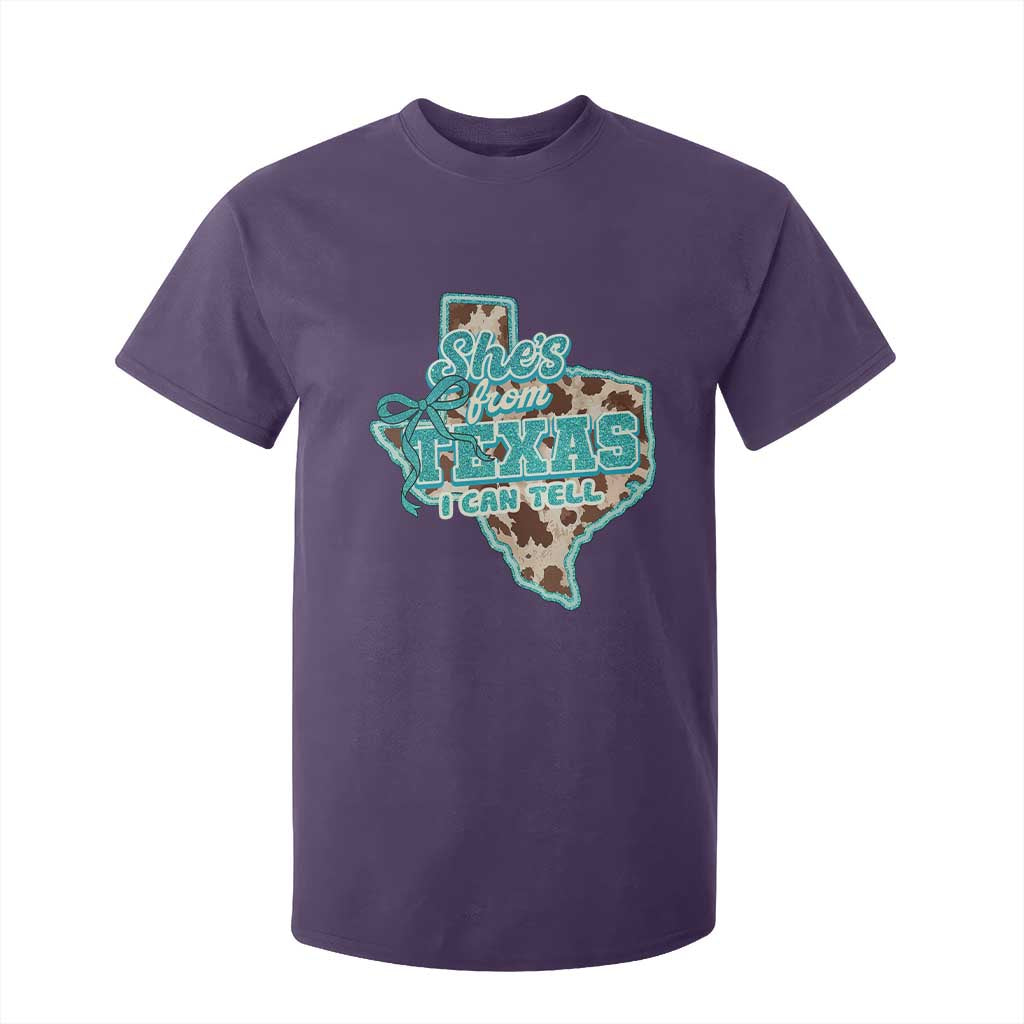 Retro Western She is From Texas I Can Tell T Shirt For Kid Trendy Turquoise Glitter Coquette and Cow Print Effect Graphic