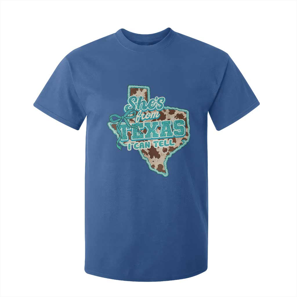 Retro Western She is From Texas I Can Tell T Shirt For Kid Trendy Turquoise Glitter Coquette and Cow Print Effect Graphic