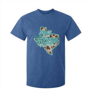Retro Western She is From Texas I Can Tell T Shirt For Kid Trendy Turquoise Glitter Coquette and Cow Print Effect Graphic