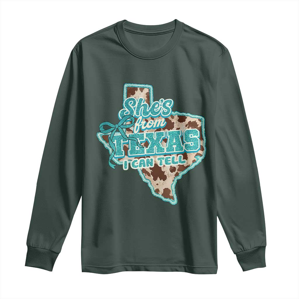 Retro Western She is From Texas I Can Tell Long Sleeve Shirt Trendy Turquoise Glitter Coquette and Cow Print Effect Graphic