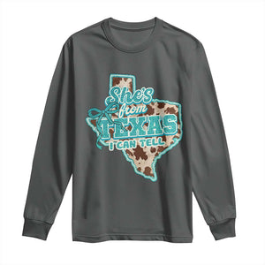 Retro Western She is From Texas I Can Tell Long Sleeve Shirt Trendy Turquoise Glitter Coquette and Cow Print Effect Graphic