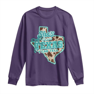 Retro Western She is From Texas I Can Tell Long Sleeve Shirt Trendy Turquoise Glitter Coquette and Cow Print Effect Graphic