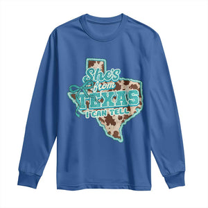 Retro Western She is From Texas I Can Tell Long Sleeve Shirt Trendy Turquoise Glitter Coquette and Cow Print Effect Graphic