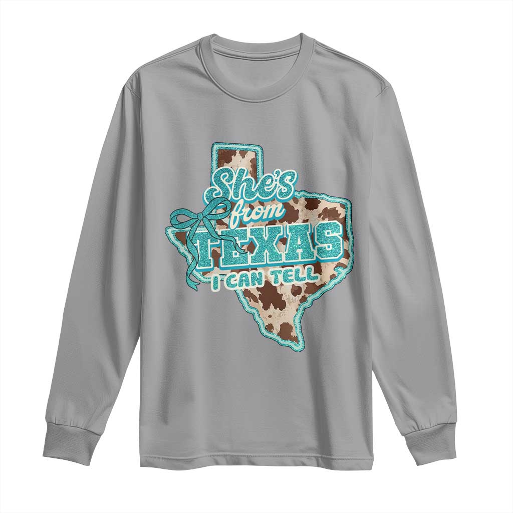 Retro Western She is From Texas I Can Tell Long Sleeve Shirt Trendy Turquoise Glitter Coquette and Cow Print Effect Graphic