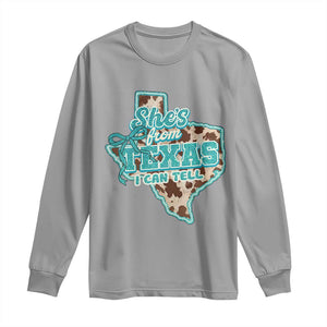 Retro Western She is From Texas I Can Tell Long Sleeve Shirt Trendy Turquoise Glitter Coquette and Cow Print Effect Graphic