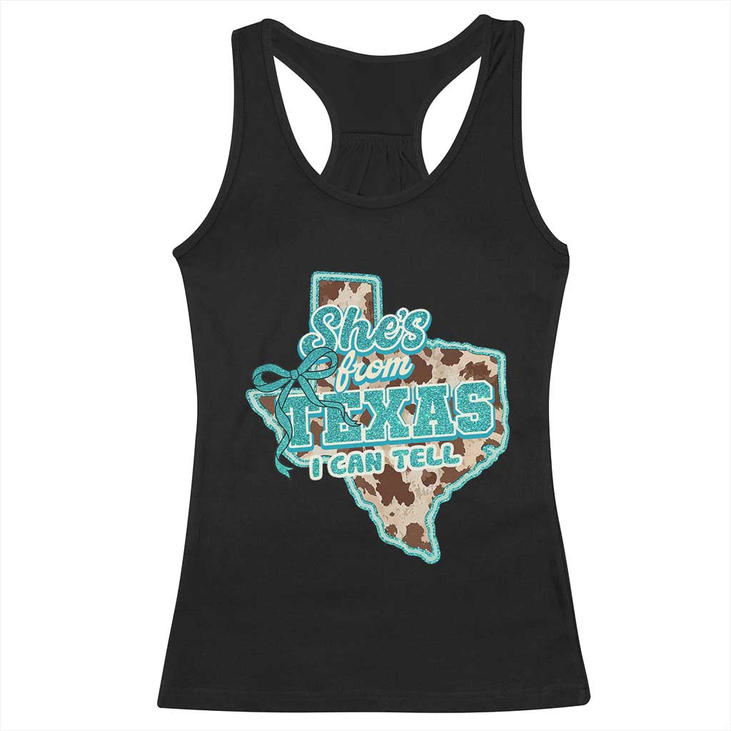 Retro Western She is From Texas I Can Tell Racerback Tank Top Trendy Turquoise Glitter Coquette and Cow Print Effect Graphic