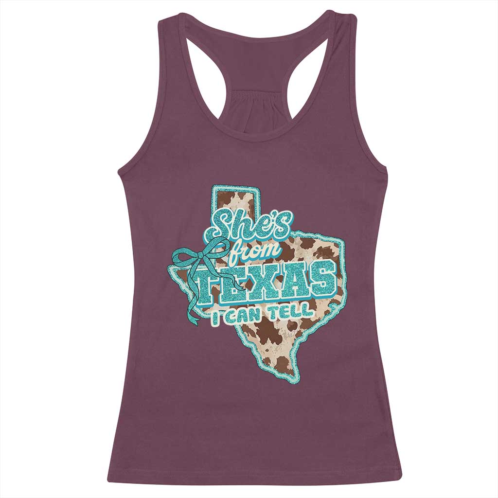 Retro Western She is From Texas I Can Tell Racerback Tank Top Trendy Turquoise Glitter Coquette and Cow Print Effect Graphic