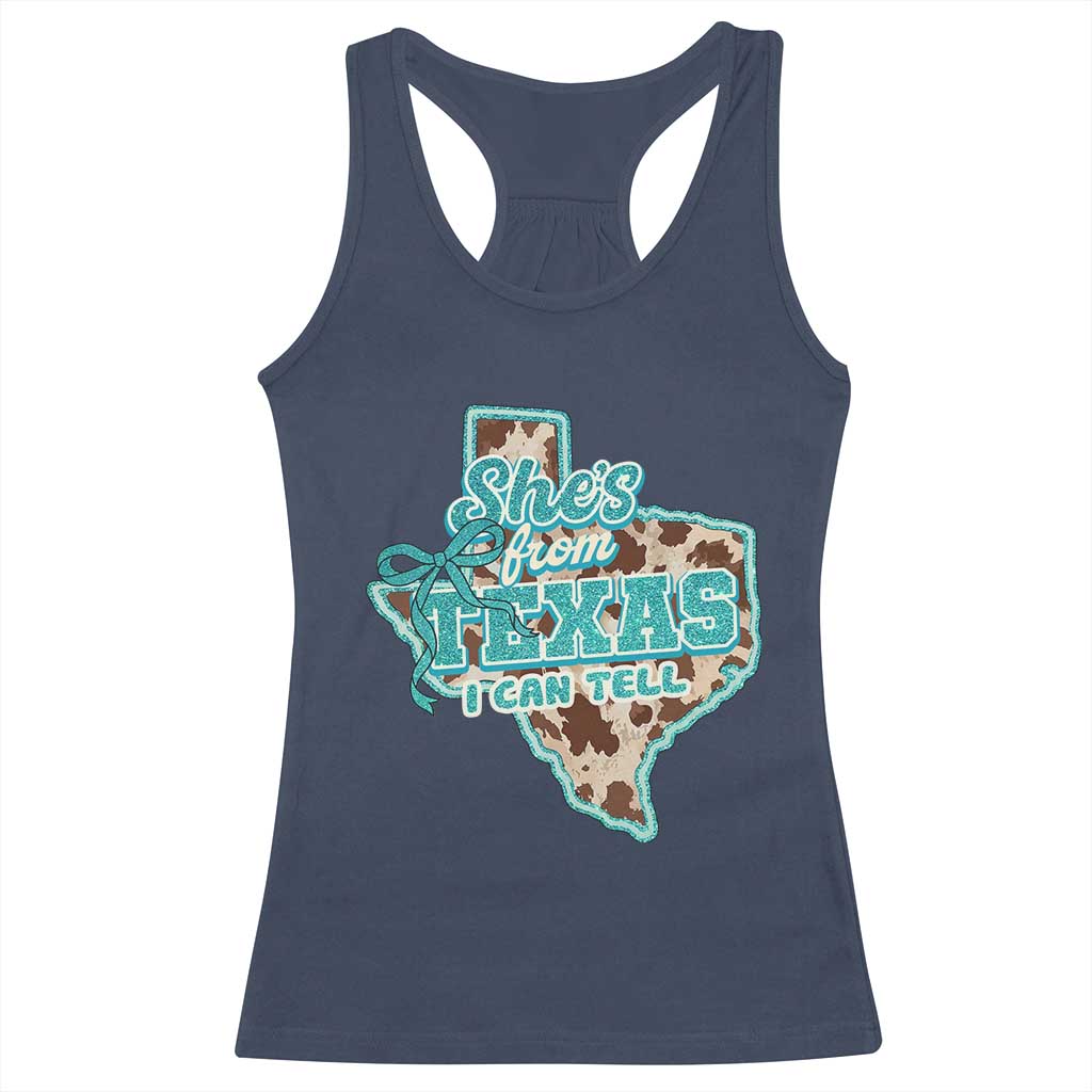 Retro Western She is From Texas I Can Tell Racerback Tank Top Trendy Turquoise Glitter Coquette and Cow Print Effect Graphic