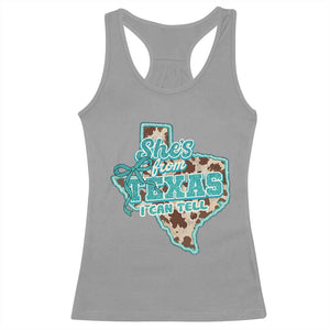 Retro Western She is From Texas I Can Tell Racerback Tank Top Trendy Turquoise Glitter Coquette and Cow Print Effect Graphic