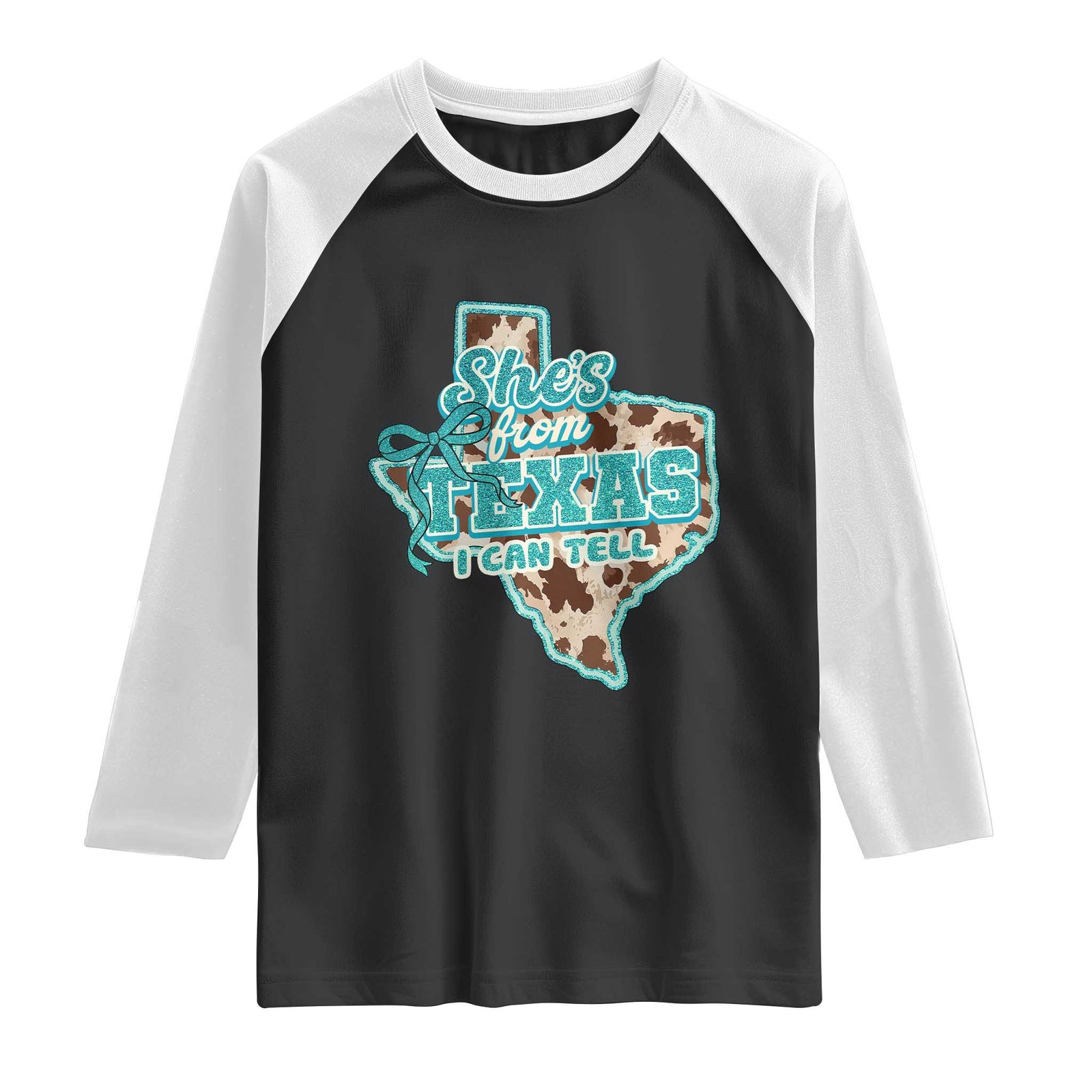 Retro Western She is From Texas I Can Tell Raglan Shirt Trendy Turquoise Glitter Coquette and Cow Print Effect Graphic TS02 Black White Print Your Wear