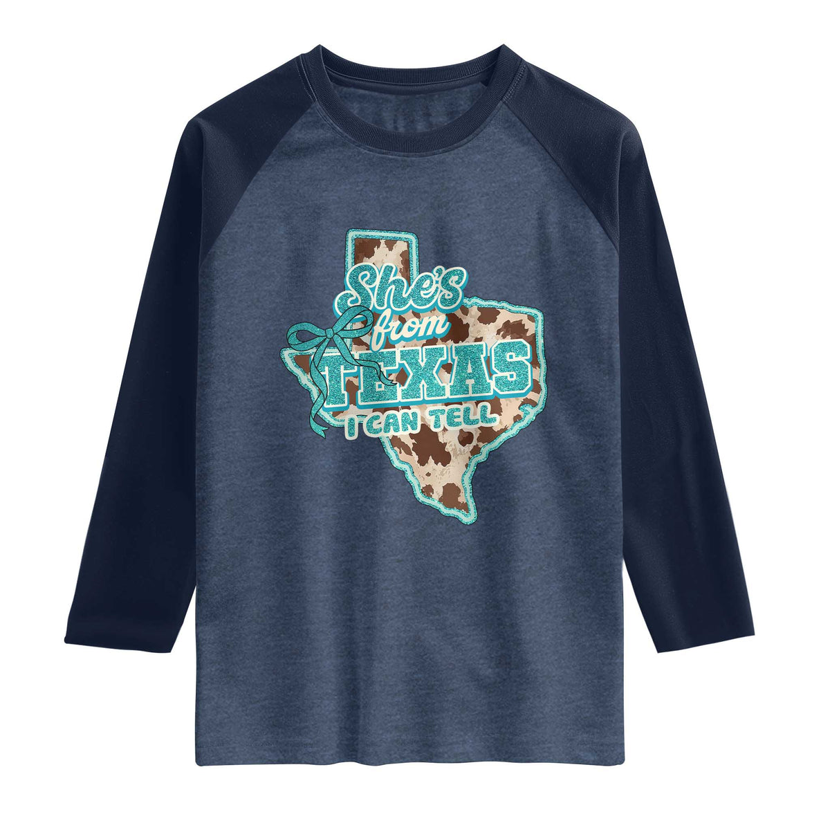 Retro Western She is From Texas I Can Tell Raglan Shirt Trendy Turquoise Glitter Coquette and Cow Print Effect Graphic