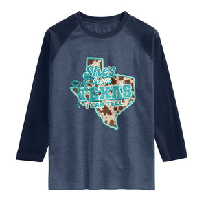 Retro Western She is From Texas I Can Tell Raglan Shirt Trendy Turquoise Glitter Coquette and Cow Print Effect Graphic