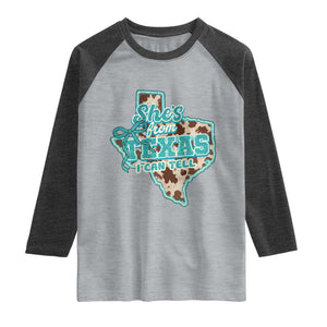 Retro Western She is From Texas I Can Tell Raglan Shirt Trendy Turquoise Glitter Coquette and Cow Print Effect Graphic