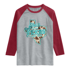 Retro Western She is From Texas I Can Tell Raglan Shirt Trendy Turquoise Glitter Coquette and Cow Print Effect Graphic