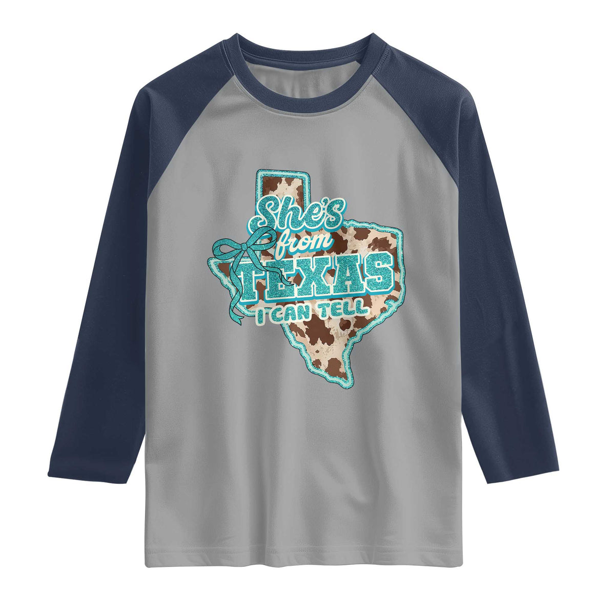 Retro Western She is From Texas I Can Tell Raglan Shirt Trendy Turquoise Glitter Coquette and Cow Print Effect Graphic