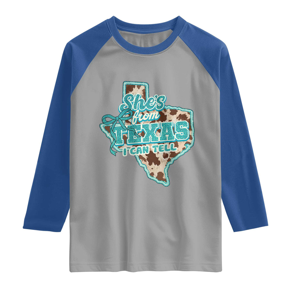 Retro Western She is From Texas I Can Tell Raglan Shirt Trendy Turquoise Glitter Coquette and Cow Print Effect Graphic