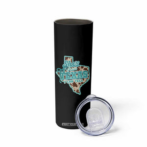 Retro Western She is From Texas I Can Tell Skinny Tumbler Trendy Turquoise Glitter Coquette and Cow Print Effect Graphic TS02 Print Your Wear