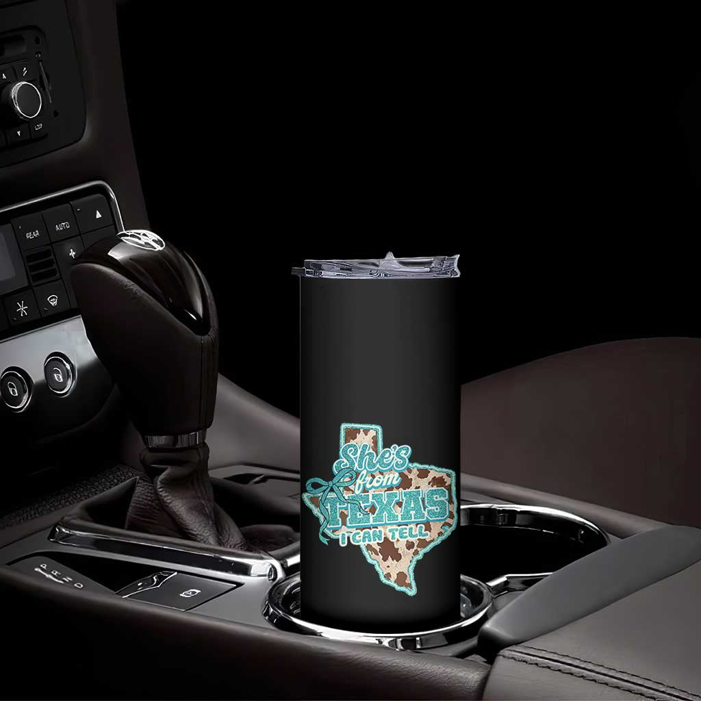 Retro Western She is From Texas I Can Tell Skinny Tumbler Trendy Turquoise Glitter Coquette and Cow Print Effect Graphic TS02 Print Your Wear