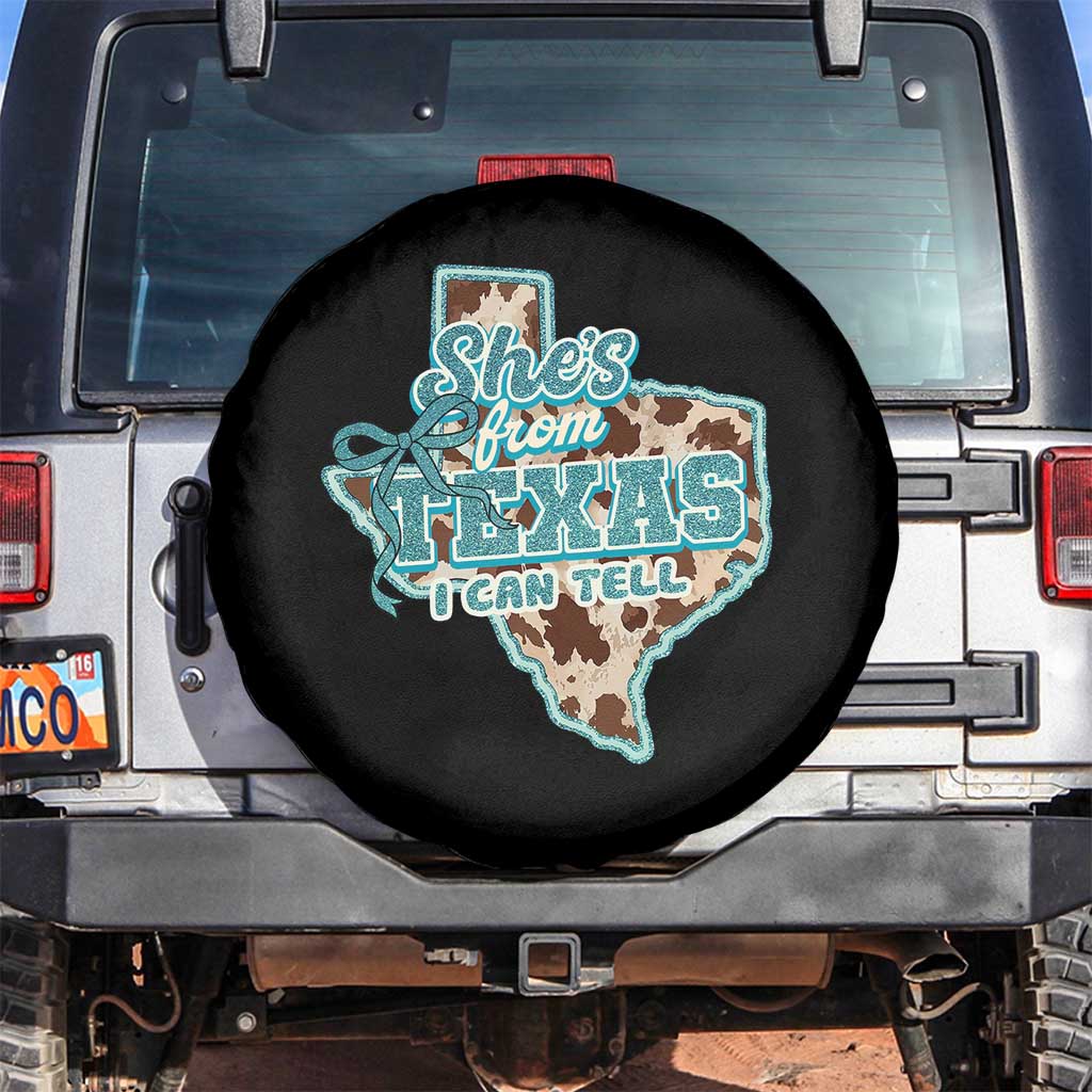 Retro Western She is From Texas I Can Tell Spare Tire Cover Trendy Turquoise Glitter Coquette and Cow Print Effect Graphic TS02 No hole Black Print Your Wear
