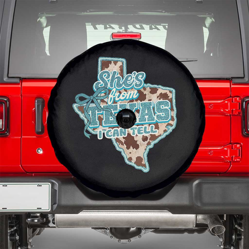 Retro Western She is From Texas I Can Tell Spare Tire Cover Trendy Turquoise Glitter Coquette and Cow Print Effect Graphic