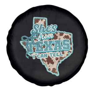 Retro Western She is From Texas I Can Tell Spare Tire Cover Trendy Turquoise Glitter Coquette and Cow Print Effect Graphic