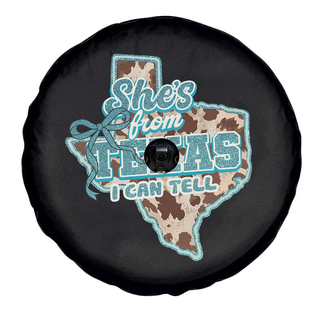 Retro Western She is From Texas I Can Tell Spare Tire Cover Trendy Turquoise Glitter Coquette and Cow Print Effect Graphic