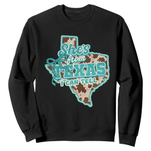 Retro Western She is From Texas I Can Tell Sweatshirt Trendy Turquoise Glitter Coquette and Cow Print Effect Graphic