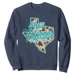Retro Western She is From Texas I Can Tell Sweatshirt Trendy Turquoise Glitter Coquette and Cow Print Effect Graphic